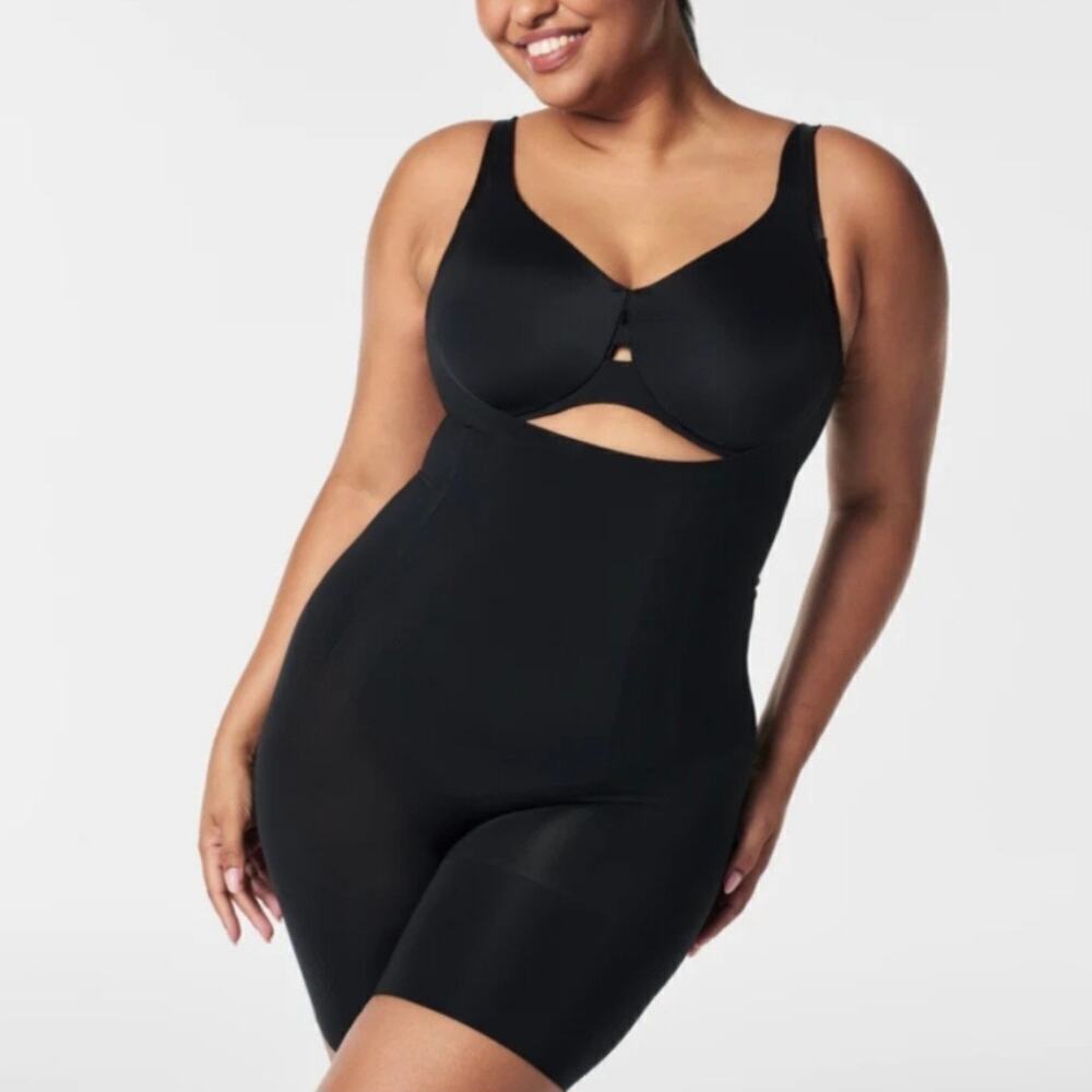 Spanx Open-Bust Mid-Thigh Bodysuit Black Size XL